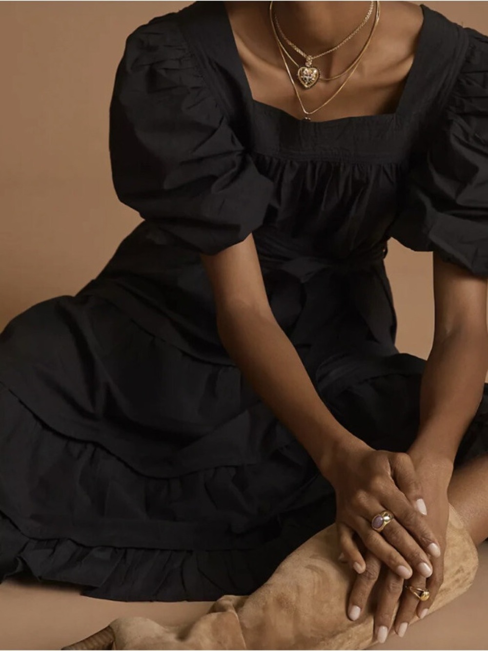 Anthropologie Love The Label Poplin Midi Dress Puff Sleeve Ruffled Black M